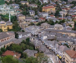 The Neck of the Bazaar, center of Gjirokaster's Pazari i vjeter neighbourhood, viewed from the castle